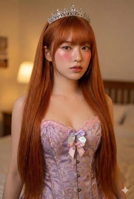 An ultra-photorealistic 8K portrait of a young woman cosplaying as a princess with extremely long golden blonde hair, wearing a lavender jacquard corset and crystal tiara, in a cozy bedroom with warm golden lighting.