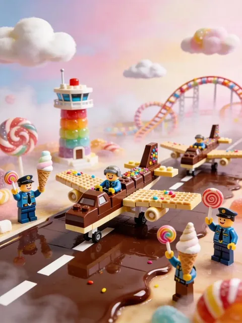 A playful 3D render of a whimsical candy landscape with a river of melted caramel and chocolate. Lego-style characters joyfully paddle wafer and chocolate boats decorated with sprinkles and marshmallows through the glossy river, surrounded by cotton-candy hills, gumdrop trees, and candy bridges unde