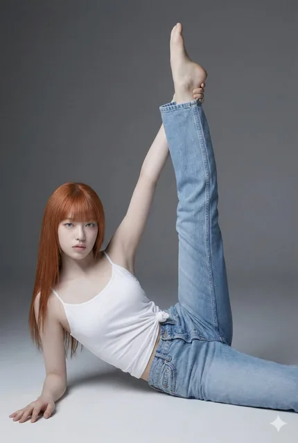 A young woman with long platinum blonde hair lies on a grey studio floor in a dynamic dancer pose, wearing a knotted white t-shirt and light wash denim jeans, looking confidently at the camera against a seamless gradient background with professional soft lighting.