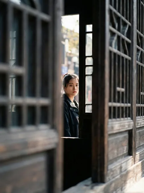 A woman's face is sharply in focus as she looks out through a narrow gap in a wooden window lattice, with the foreground blurred in soft bokeh, creating a cinematic and intimate portrait.