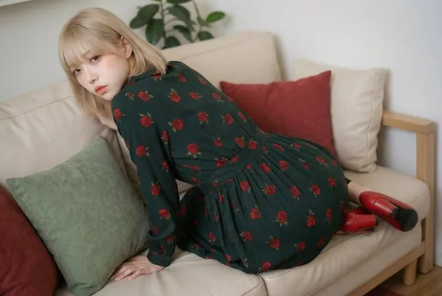 An elegant woman wearing a very dark forest green midi dress with a medium-sized, evenly scattered red rose print pattern. The dress features a round collar, button front, fitted bodice, gathered waist, and is paired with bright red leather pointed-toe low-heel pumps.