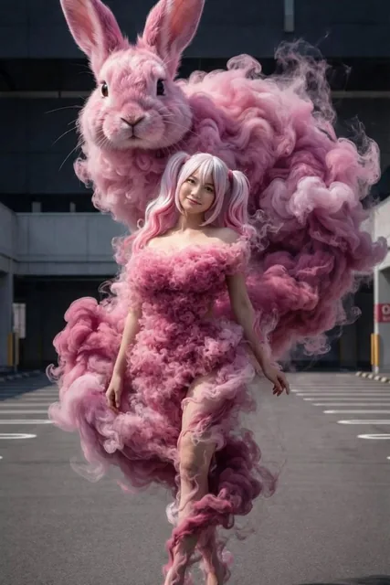 A hyper-realistic fantasy photograph of a young woman in an urban parking lot, wearing an elegant dress made of swirling pink smoke, with a massive fluffy pink rabbit made of cotton-candy-like smoke behind her, featuring cinematic lighting and ultra-detailed textures.