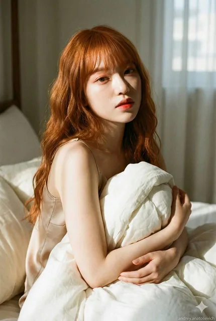A realistic cinematic portrait of a woman sitting on a bed in a warm, minimalist bedroom, hugging a fluffy duvet. Strong morning sunlight from a side window creates chiaroscuro lighting, highlighting her natural wavy hair, delicate makeup, and satin camisole. The image has a shallow depth of field a