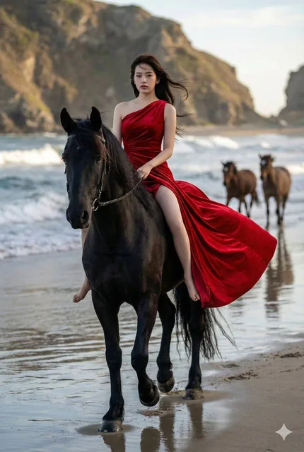 A stunning brunette fashion model in a flowing crimson red velvet gown rides bareback on a dark bay horse along a sandy beach. Her hair is wind-swept as she gazes intensely. In the soft-focus background, wild white and palomino horses run freely near crashing ocean waves and rugged coastal cliffs, a