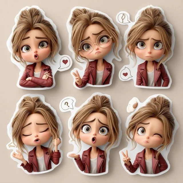A set of cute 3D chibi-style cartoon girl stickers featuring the same character in various emotions and poses, with big glossy eyes, a messy bun hairstyle, and a red leather jacket, rendered in a Pixar-inspired style with soft lighting on a pastel background.