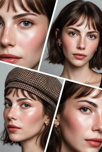 A high-end beauty editorial collage featuring four tilted panels of the same woman with doll-like makeup, showcasing extreme close-ups of glass skin, rosy blush, and glossy lips in a dynamic diagonal grid layout with clean white borders.