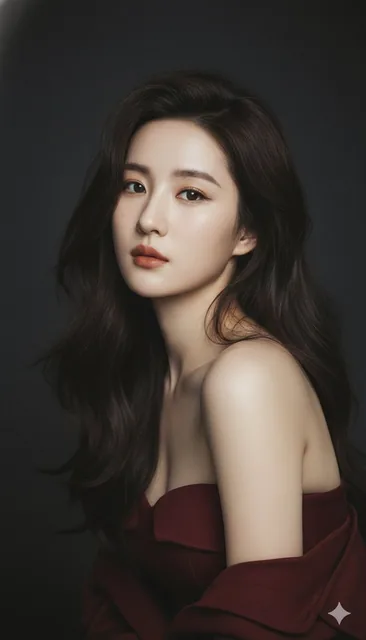 A melancholic cinematic portrait of a young woman with clear fair skin, light makeup, and warm lip color. She has deep brown fluffy hair and wears a wine-red top, exuding calm confidence against a dark minimalist background with soft lighting and film grain texture.