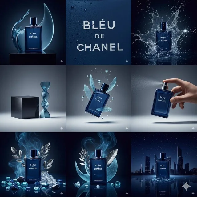 A 3x3 grid of hyperrealistic, cinematic images featuring Bleu de Chanel perfume in various high-end editorial concepts, including extreme macro shots, dynamic water splashes, floating glass shards, and surreal liquid-metal scenes, all rendered with glossy commercial polish.
