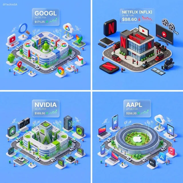 A refined 3D cartoon-style isometric scene showing a company's headquarters surrounded by product icons, with a floating glass UI panel displaying stock information on a solid powder blue background