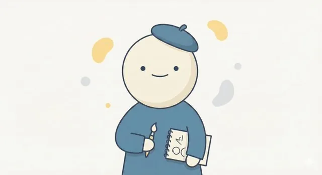 A minimal character with simplified facial features using only dots and lines, rendered in flat colors with soft curves on a plain background, appearing cute, calm, and visually clean.