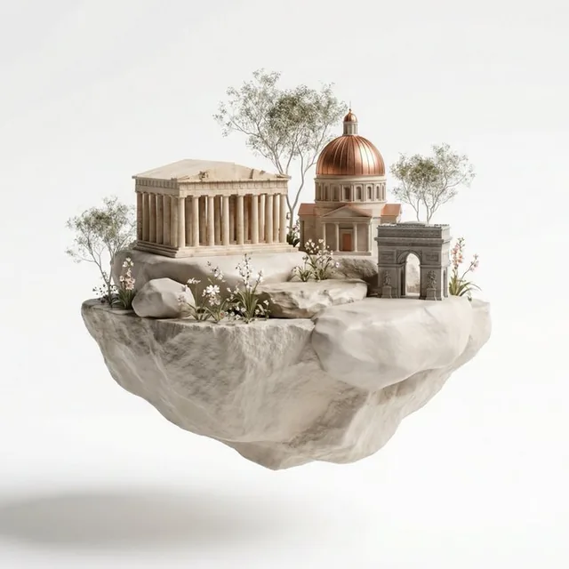 Minimalist surreal 3D floating stone island city, featuring iconic landmarks sculpted from rock, set against a pure white background with soft studio lighting.