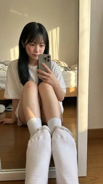 A photorealistic close-up portrait of a young European brunette woman sitting on a bedroom floor, taking a mirror selfie. She wears a thin white oversized t-shirt and black micro panties, with tight white socks leaving marks on her thighs. Warm afternoon sunlight creates soft highlights and shadows