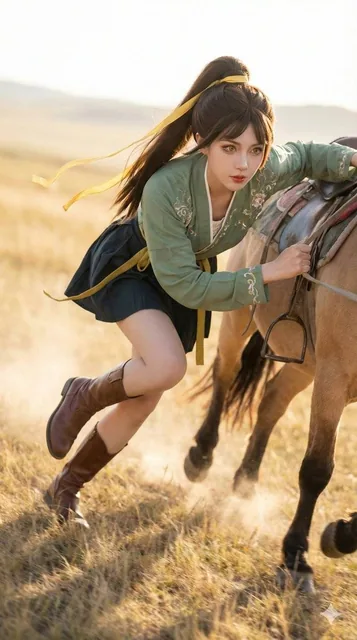 A beautiful cosplayer in a modern bean-green Hanfu with silver embroidery gallops at full speed on a horse across a grassland during golden hour, her high ponytail with yellow ribbons flying wildly in the wind.