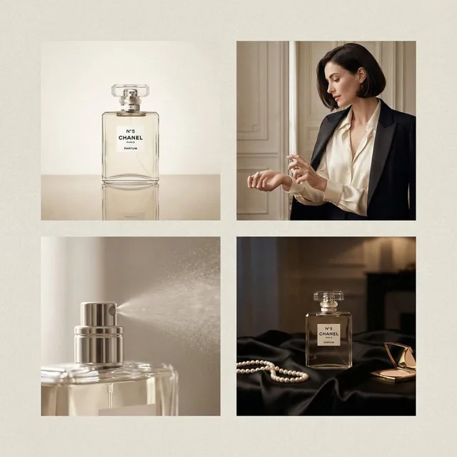 A 2x2 grid of four distinct, cohesive luxury advertisement images for Chanel perfume, featuring a minimalist product shot, a Parisian lifestyle scene, a macro close-up of fragrance mist, and a cinematic night glamour shot, all unified by elegant, timeless aesthetics.