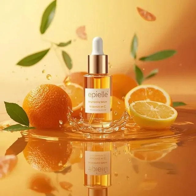 Ultra-high-end photorealistic skincare product photo of a clear glass dropper bottle filled with golden serum, labeled 'epielle Brightening Serum Vitamin C', sitting on a reflective orange liquid surface with citrus fruits around it.