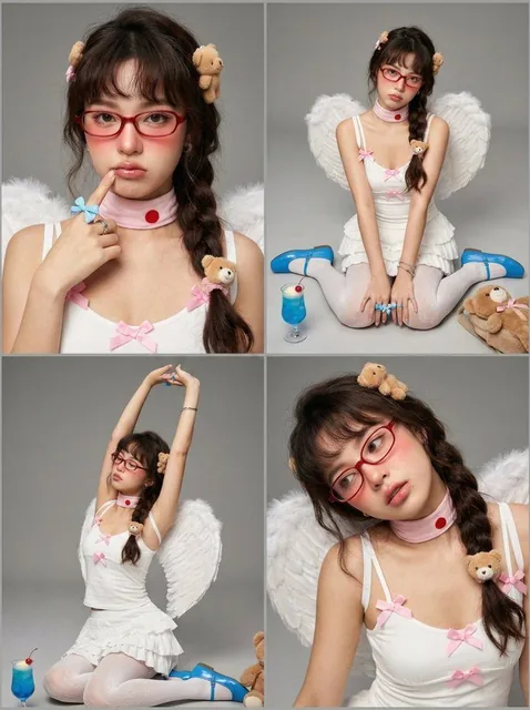 A quadriptych photo of a sweet-cool young girl with angel wings against a uniform grey background. Four panels show close-up and full-body shots with consistent styling, red glasses, white outfit, and blue accents.