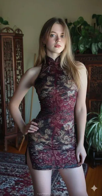A young blonde woman with porcelain skin and blue eyes confidently wears a modern, form-fitting red and maroon cheongsam with intricate gold dragon and phoenix embroidery. She stands in a vintage Chinese-inspired interior with wooden screens and warm natural light, captured in a high-fashion editori