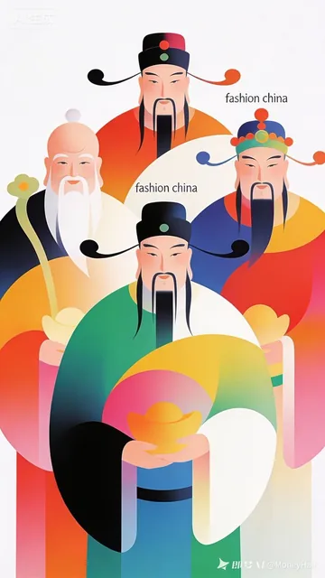 A minimalist vector illustration poster featuring abstract lines and curved shapes forming the contours of the Five Wealth Gods. The design uses soft, colorful blocks in a dopamine color palette against a pure white background, with the tiny English text 'fashion china' as an accent, creating a surr
