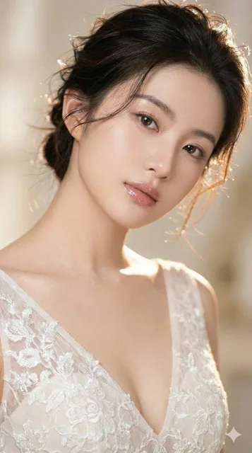 An ultra-high-definition close-up portrait of a person with a serene, dreamy gaze, featuring soft messy hair with windswept strands, subtle makeup, and wearing an avant-garde lace gown, rendered in a soft studio lighting setup with a creamy bokeh background.