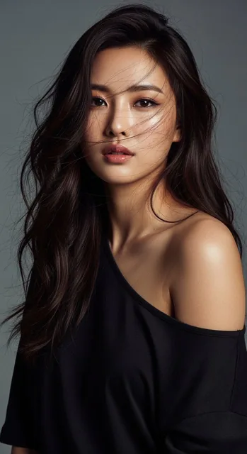 A hyper-realistic cinematic fashion film still of a beautiful Korean woman in her early 20s, captured mid-motion during golden hour with dramatic lighting, wearing a body-emphasizing outfit, with wind-blown hair and confident expression, looking like a frame from a prestige drama series.