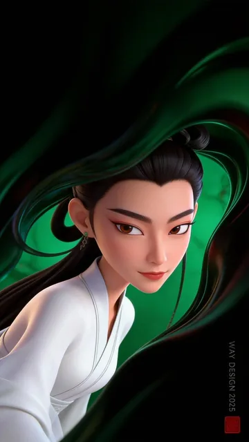 A close-up 3D render of a beautiful Chinese heroine in minimalist white Hanfu with a traditional bun, sharp determined phoenix eyes, surrounded by swirling dark green fluid energy ribbons with cinematic lighting and subsurface scattering.