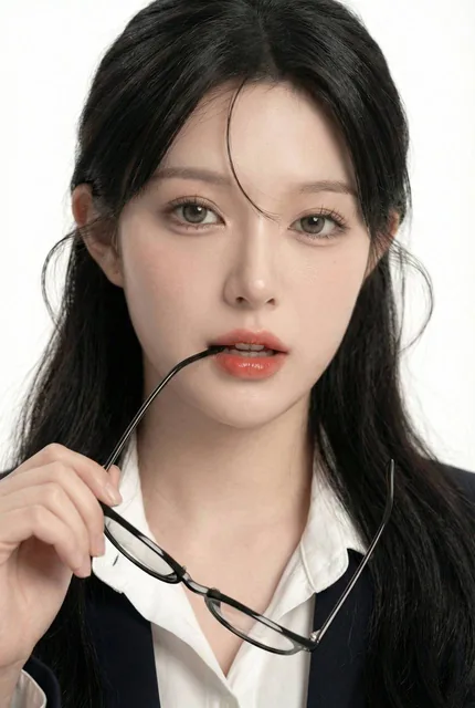 A close-up portrait of a young woman with a cool sweet expression, biting the temple of her black thin-frame glasses. She has dark Korean-style long hair, wears a white shirt with a dark jacket, and is set against a pure white background with soft, diffused lighting.