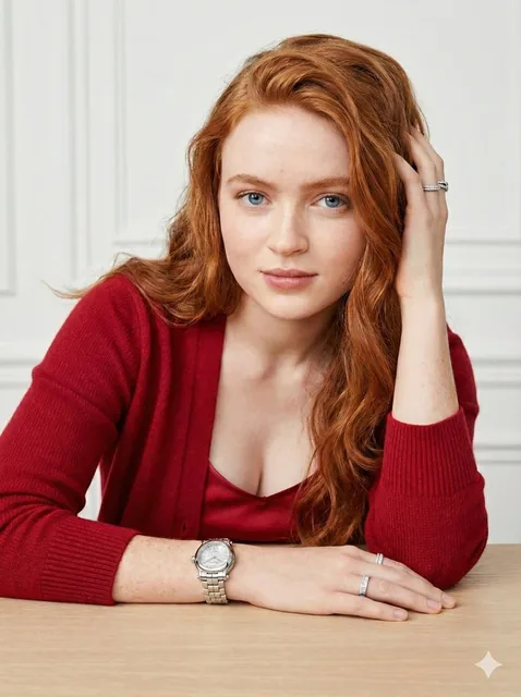 A photorealistic portrait of a young woman with vibrant copper-red hair and piercing blue eyes, wearing a bright red ribbed-knit cardigan and leaning against a light wood table in a soft-focus, minimalist interior with diffused lighting.