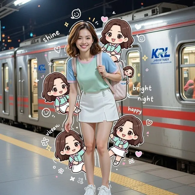 A hyper-realistic portrait of a cheerful young woman with bright eyes and a friendly smile, standing on a night train station platform. She wears a mint top and white skirt, surrounded by cute chibi versions of herself. The scene blends photography with hand-drawn doodles like sparkles and hearts, f