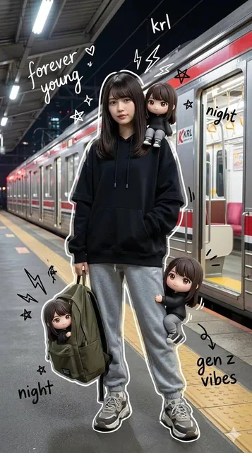 A hyper-realistic mixed-media portrait of a trendy Gen Z teenager standing on a train platform at night, wearing streetwear and holding a backpack, surrounded by playful chibi versions of themselves with vibrant doodle overlays including stars and handwritten slogans.