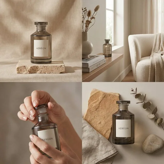 A 2x2 grid advertisement for the luxury home fragrance AERÉON, featuring four panels: a hero shot of the bottle, an atmospheric interior scene, a close-up of hands interacting with the product, and a still-life composition with natural materials, all in a minimalist, editorial style with soft natura