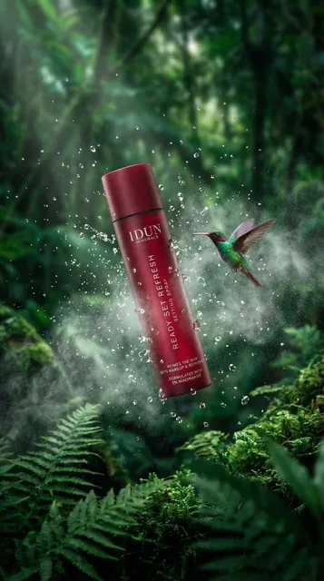 A deep red IDUN MINERALS setting spray bottle with white minimalist text sits on a mossy bank beside dark water. An iridescent green hummingbird hovers nearby, with the bottle and bird reflected perfectly in the still water surface. Dense, blurred tropical foliage creates a serene, premium atmospher