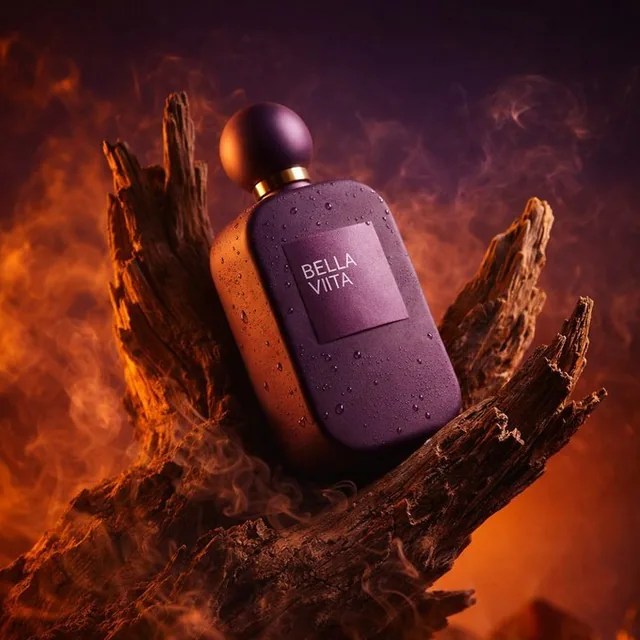 Ultra-high detail 8K photorealistic AI-generated product photography of cosmetic and perfume bottles in serene forest settings, featuring frosted glass with water droplets, natural diffused lighting, and macro clarity.