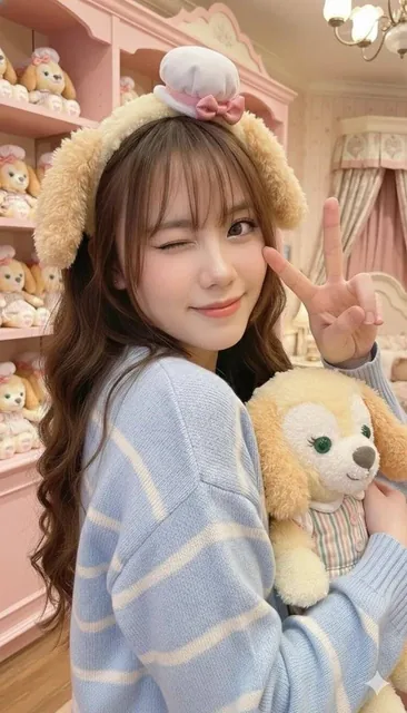 A cute woman with long dark brown hair and a fluffy dog headband smiles warmly while hugging a cream-yellow dog plush in a pastel pink toy store filled with matching plush toys, featuring soft lighting and a cozy aesthetic.