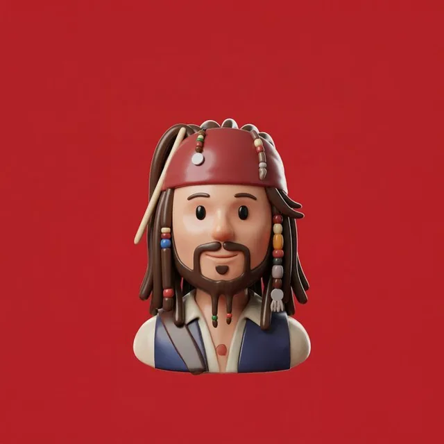A stylized 3D cartoon avatar portrait with simplified facial features, glossy plastic-like skin and hair, rendered in a friendly and calm expression against a solid bold red background with professional studio lighting.