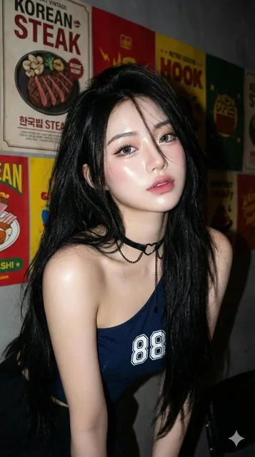 An ultra-realistic portrait of a young woman with an innocent face and a voluptuous body, taking a selfie in an urban cafe setting. She has flawless glass-skin, striking eye makeup, long ash-brown hair, and wears a navy one-shoulder top with '88' printed on it. The background features posters with K