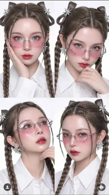 A 2x2 photo collage of a woman with luminous makeup, ash brown hair in intricate braids with silver accessories, wearing rimless glasses and a white shirt, against a white studio background.