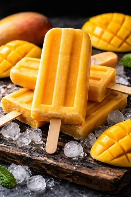 A close-up food photography shot of multiple rectangular mango popsicles with wooden sticks, resting on a rustic dark wooden board with scattered crushed ice, fresh mint leaves, and whole and cut mango pieces in the background, against a dark studio backdrop with soft lighting.