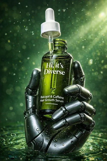 A hyper-realistic product photo of a golden amber glass dropper bottle labeled 'Hi, it's Diverse Baicapil & Caffeine Hair Growth Serum', held by a dark gunmetal robotic hand emerging from water. A droplet forms at the pipette tip against a warm, bokeh background with floating water droplets, capture