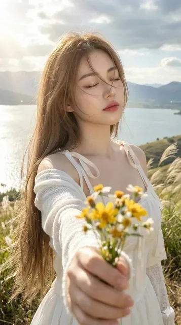 A close-up portrait of a young woman with flawless white skin and light brown hair, standing in a meadow. She holds a small yellow and white wildflower, with a vast lake and distant mountains in the background. Dramatic side lighting creates soft shadows and a dreamy, romantic atmosphere.