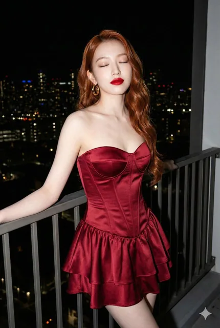 An ultra-realistic night fashion photograph of a glamorous woman on a balcony. She wears a deep red satin strapless mini dress with a corset bodice and ruffled skirt, has glossy waves in her hair, bold red lips, and gold hoop earrings. She leans on the railing with her eyes closed, illuminated by di