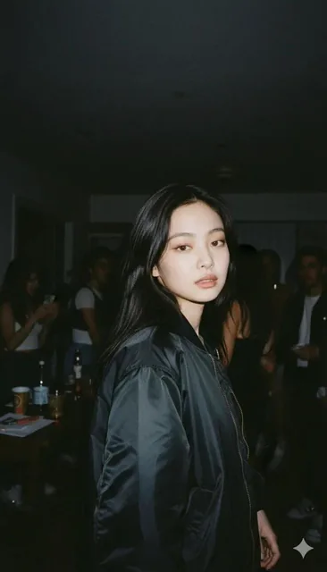 A candid documentary-style photo of a stylish young woman at a dimly lit house party, wearing a black satin bomber jacket and crop top, captured with direct flash creating harsh shadows and a grainy texture against blurred background guests.