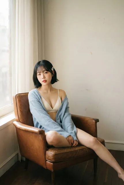 A young woman with short black hair and Korean influencer makeup sits in a worn brown leather armchair, wearing an ivory bralette and a light blue cardigan slipping off her shoulders. Soft window light illuminates the minimal room with an off-white wall, creating a tender and intimate atmosphere.
