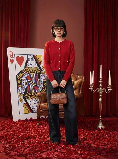 A fashion editorial photo of a woman in a red cardigan and dark jeans standing on a floor covered in red rose petals, with a giant Queen of Hearts playing card and a silver candelabra in the background, set against red velvet curtains in a surreal Alice in Wonderland-themed studio.