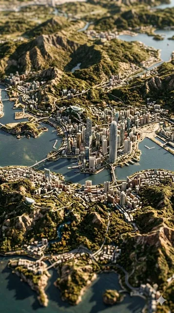 A photorealistic close-up of a detailed miniature city and geography model, featuring rugged mountains, rivers, and a tiny metropolis with iconic landmarks, all under dramatic side lighting with a shallow depth of field.