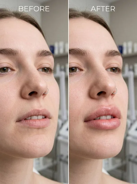 A side-by-side comparison of a woman's lips before and after subtle lip filler treatment, showing enhanced volume and definition while maintaining natural texture under clinical studio lighting.