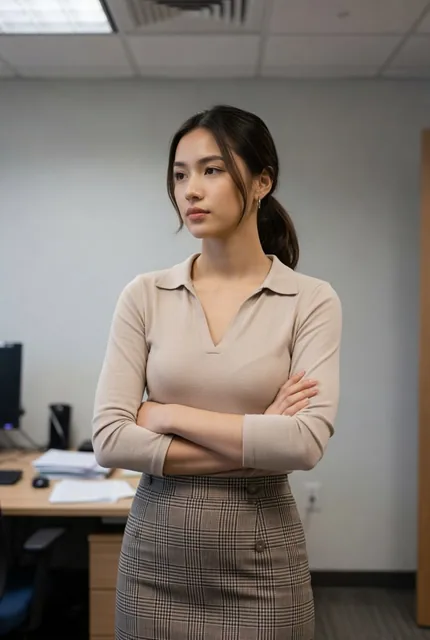 A young woman in her mid-20s stands in a quiet office space, arms crossed and body slightly turned as she looks thoughtfully to the left. She wears a beige knit top and brown plaid pencil skirt, with soft overhead fluorescent lighting illuminating the workspace background.