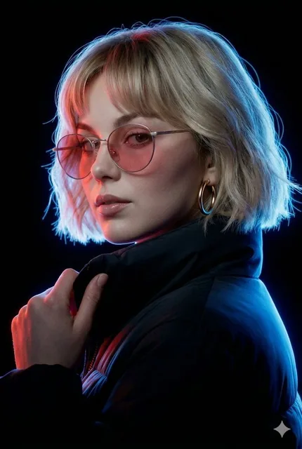 A hyper-realistic cinematic portrait of a stylish person in a cool side-profile pose, looking back over their shoulder with one hand gripping their lapel. Dramatic dual-tone studio lighting features an intense blue rim light on the back and arm, contrasting with a red edge light on the face and sung