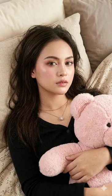 A highly realistic selfie of a beautiful young woman lying on a bed, hugging a large pink teddy bear. She has a dreamy expression, long dark brown hair, and is wearing a black top. The photo features sharp focus on her face, soft lighting, and a cozy bedroom background.