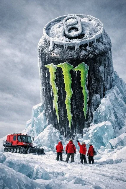 A monumental Monster Energy can, partially frozen and frosted, stands as a megastructure in the Arctic landscape under overcast daylight. A snowcat vehicle and scientists in red parkas provide scale reference. Rendered in cinematic realism with HDR and ultra-detailed textures.