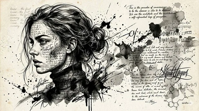 A high-contrast, monochromatic portrait of a woman in side profile, rendered in an expressive ink-wash and charcoal sketch style with intricate handwritten script layered on her skin and clothing, set against a stark white background with dramatic black ink splatters.